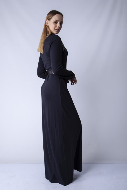 Belden Kuşaklı Deri Detaylı Elbise - Lacivert