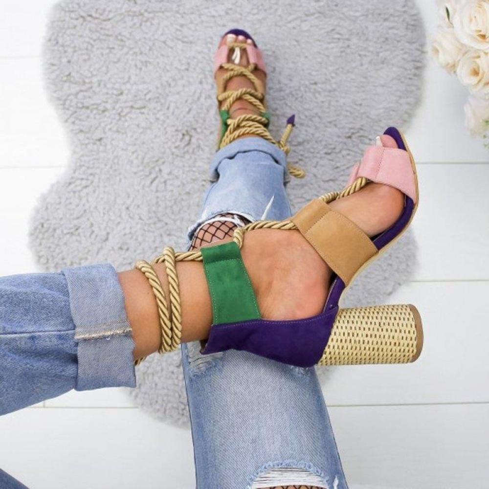 Renkli, Hasır Görünümlü, Topuklu Sandalet