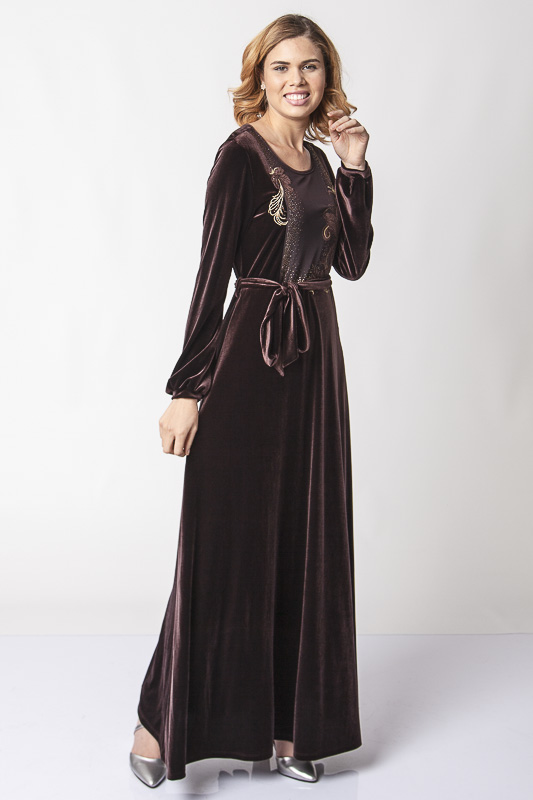 Belden Kuşaklı Dantel İşlemeli Kadife Elbise - Kahverengi