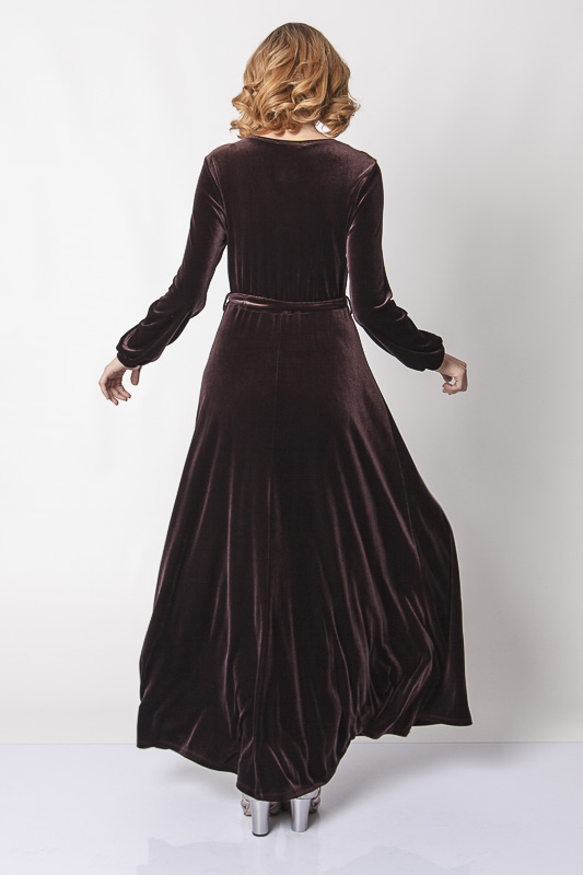Belden Kuşaklı Dantel İşlemeli Kadife Elbise - Kahverengi