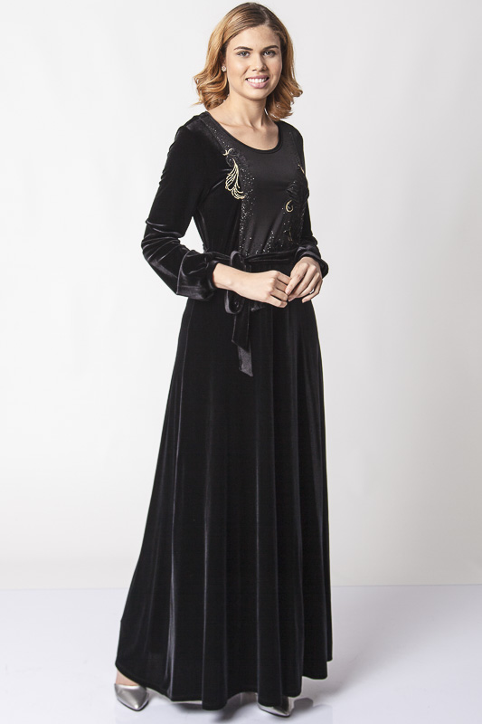 Belden Kuşaklı Dantel İşlemeli Kadife Elbise - Siyah