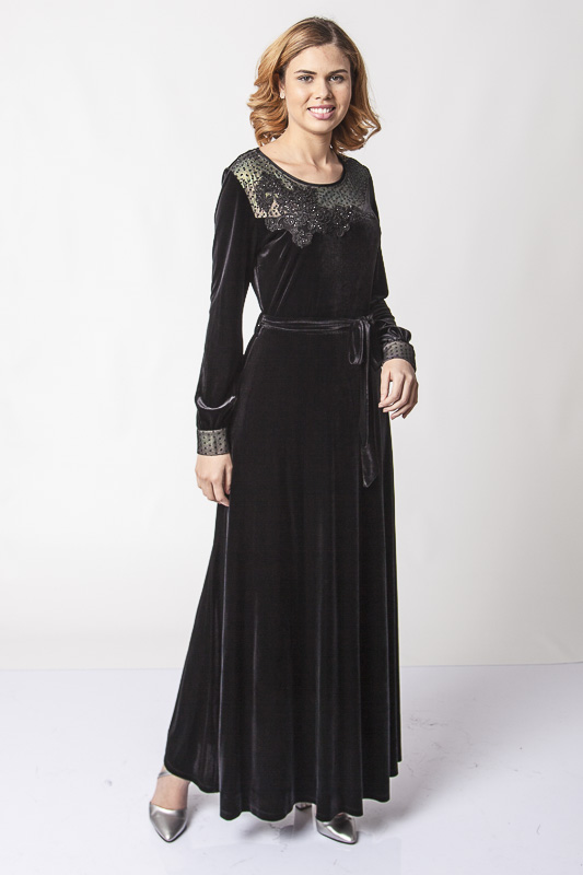 Belden Kuşaklı Dantel İşlemeli Kadife Elbise - Siyah