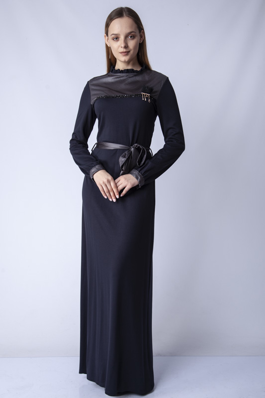 Belden Kuşaklı Deri Detaylı Elbise - Lacivert