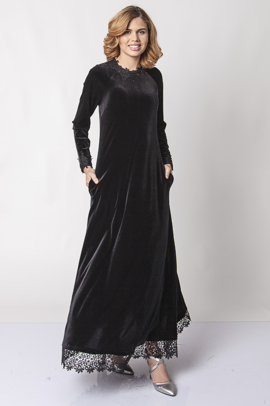 Dantel İşlemeli Kadife Elbise - Siyah