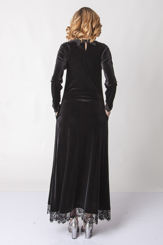 Dantel İşlemeli Kadife Elbise - Siyah