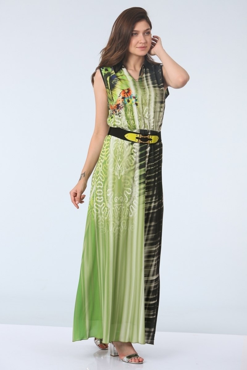 Kemerli Empirme Desen Elbise - Siyah-Yeşil