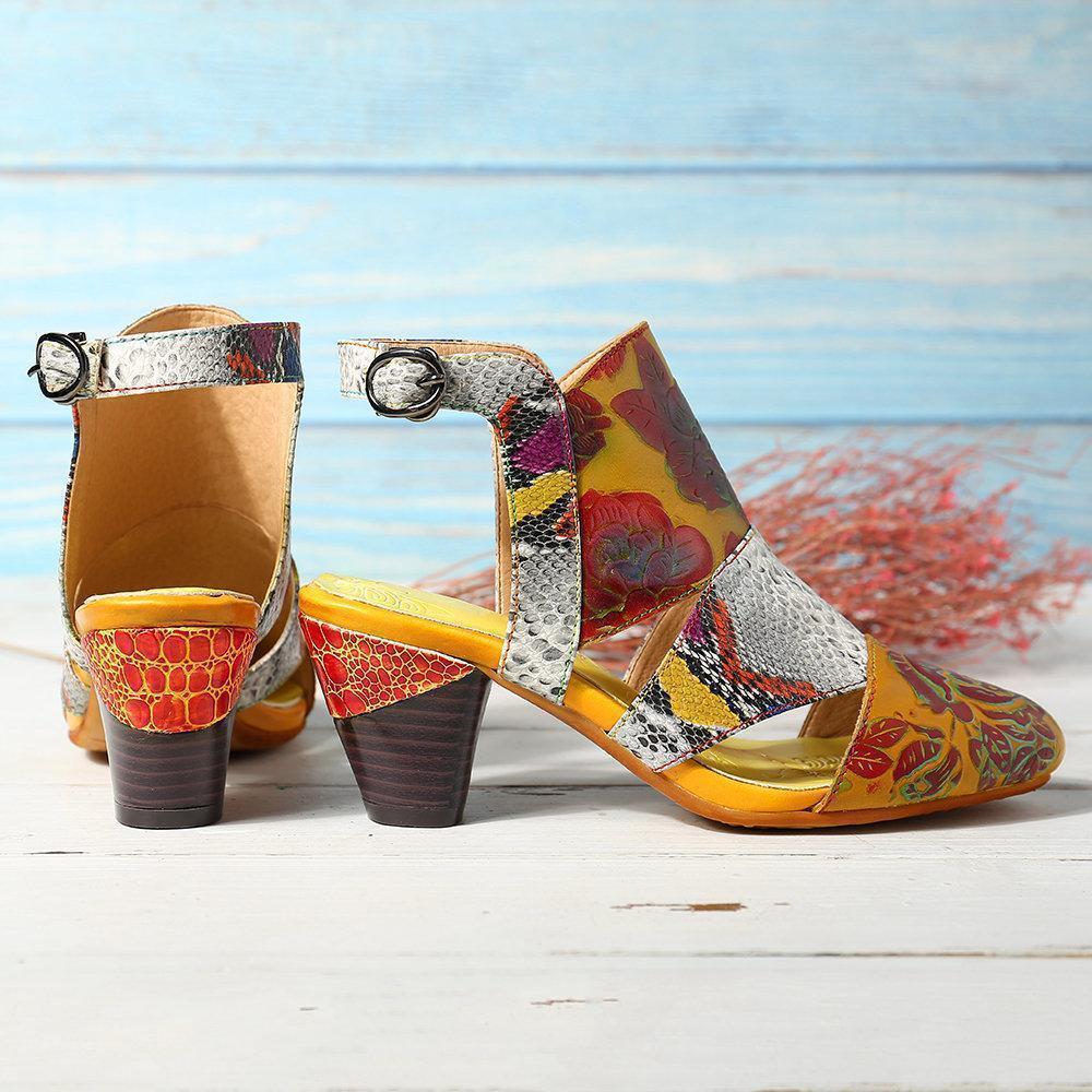 Hakiki Deri, Vintage Çiçek Desenli, Sandalet