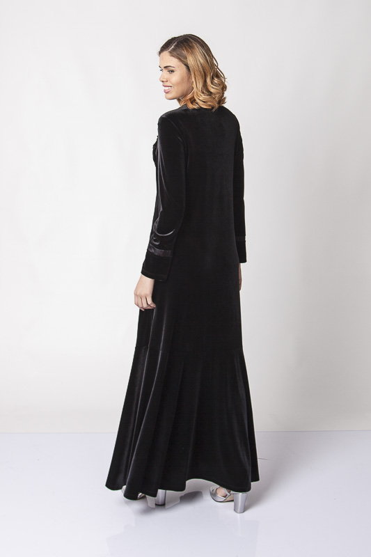 Önü Düğmeli Dantel İşlemeli Kadife Elbise - Siyah