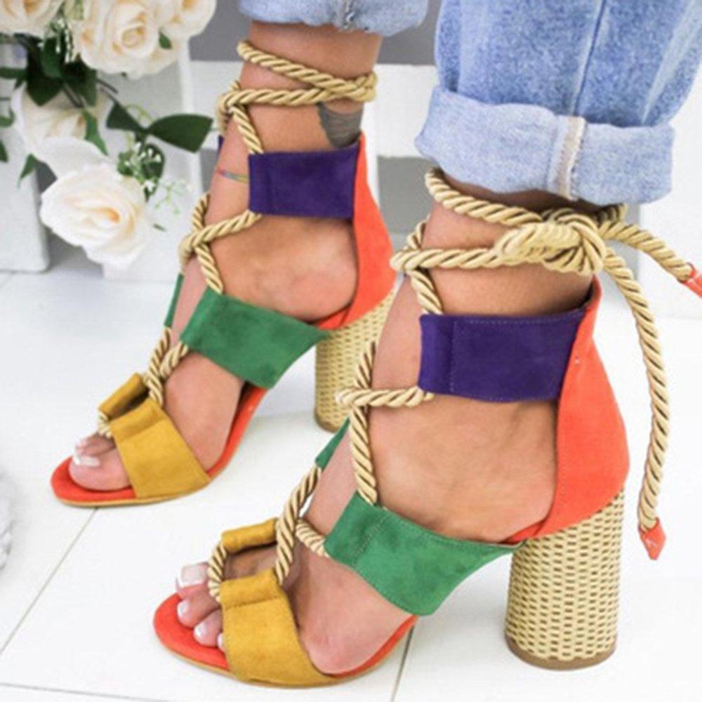 Renkli, Hasır Görünümlü, Topuklu Sandalet