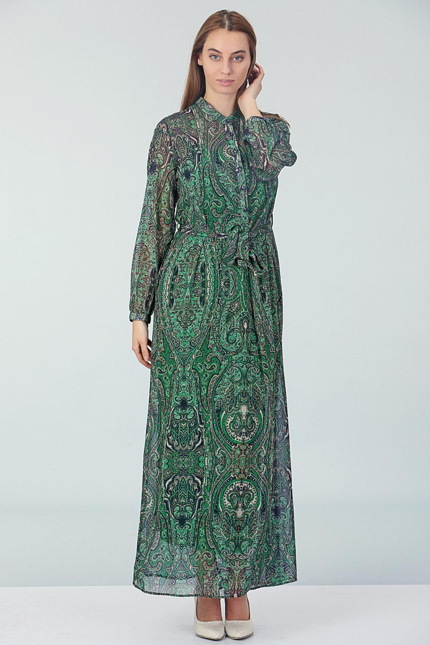Şal Desenli Şifon Elbise - Yeşil