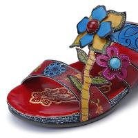 Bohem, Hakiki Deri, El Boyama Çiçek Desenli, Yumuşak Sandalet
