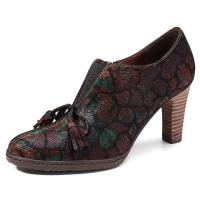 Vintage Kabartmalı Desenler, Kelebek Düğümlü Detay, Fermuarlı, Topuklu Ayakkabı