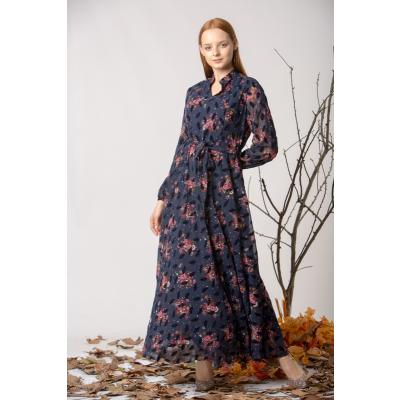 Flok Baskılı Desenli Şifon Elbise - Lacivert