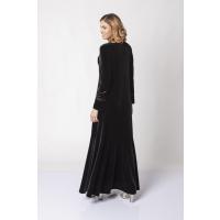 Önü Düğmeli Dantel İşlemeli Kadife Elbise - Siyah
