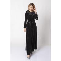 Taş İşlemeli Belden Kuşaklı Kadife Elbise - Siyah