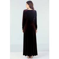 Taş İşlemeli Dantelli Kadife Elbise - Kahverengi