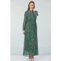 Şal Desenli Şifon Elbise - Yeşil