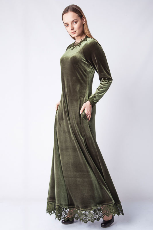 Dantel İşlemeli Kadife Elbise - Yeşil
