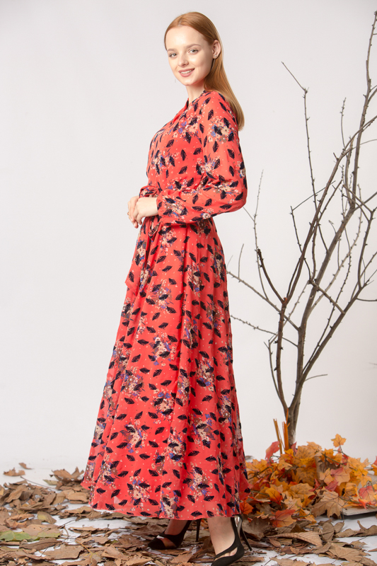 Flok Baskılı Desenli Şifon Elbise - Mercan