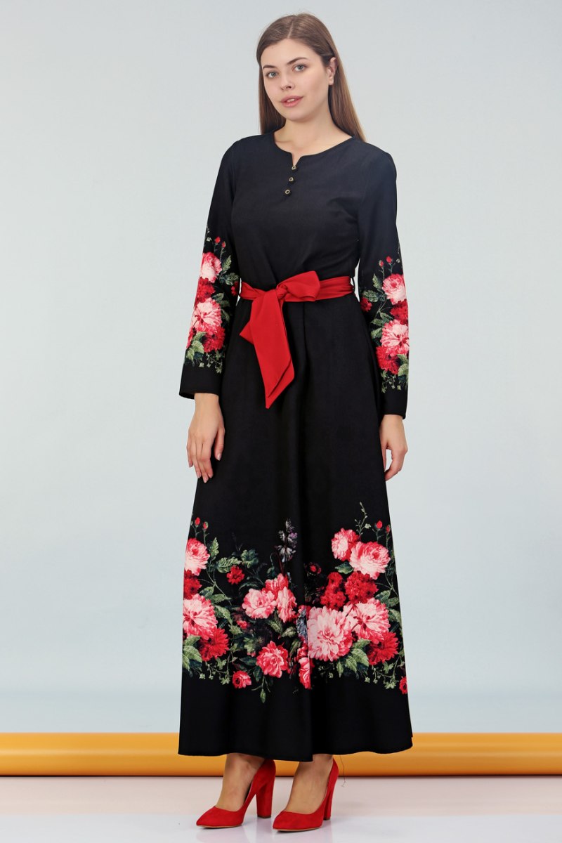 Etek Ucu Çiçekli Elbise - Siyah